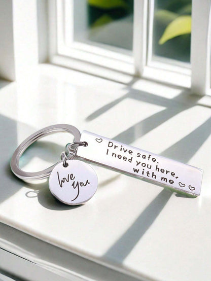 Street 1pc Unisex Stainless Steel Keychain With Road Safety Slogan For Car, Bag, Gift Giving