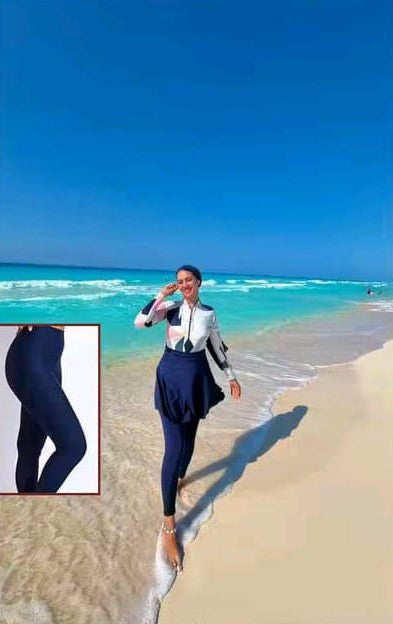 مايوه بوركيني نسائي مطبوع بأكمام طويلة وسحاب أمامي (3 قطع)