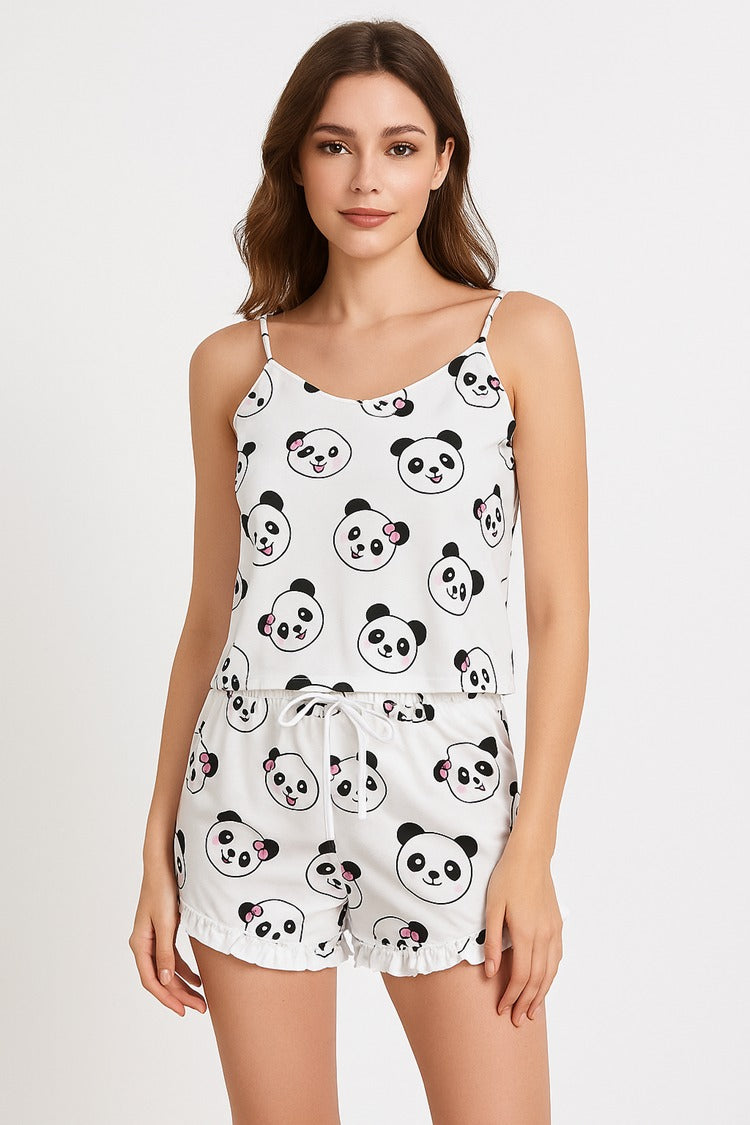 طقم بيجامة نسائي صيفي بشورت بطبعة باندا