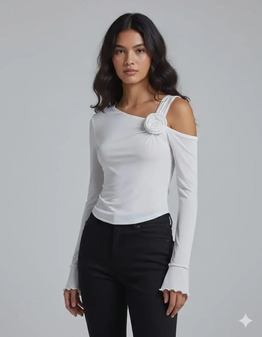 Shein بلوزة أوف شولدر طويلة الأكمام بزهرة على الكتف