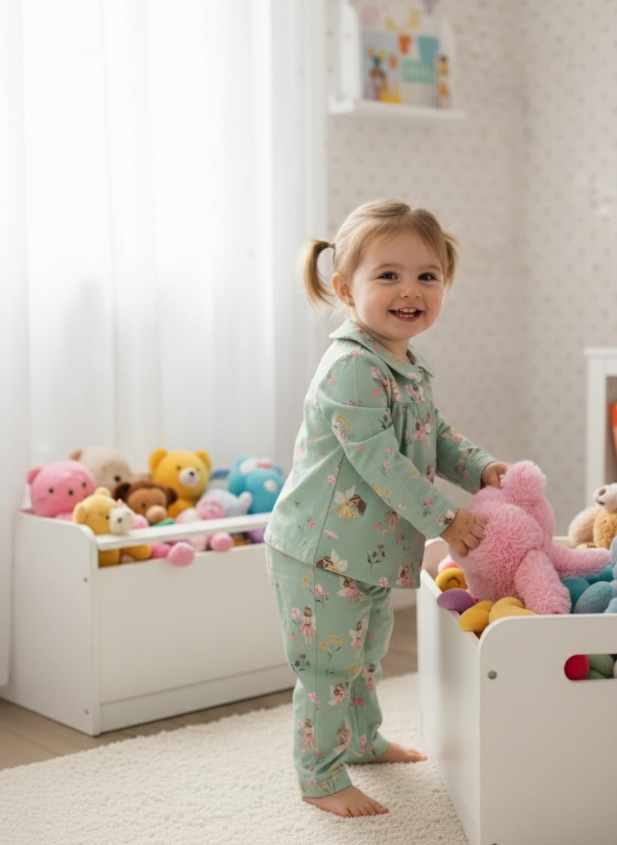 بيجامة أطفال بلون أخضر فاتح مزينة بنقوش زهور جميلةShein