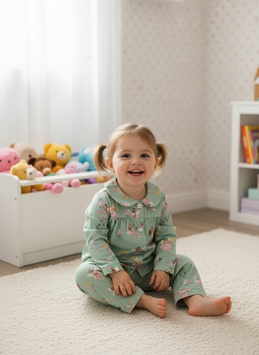 بيجامة أطفال بلون أخضر فاتح مزينة بنقوش زهور جميلةShein