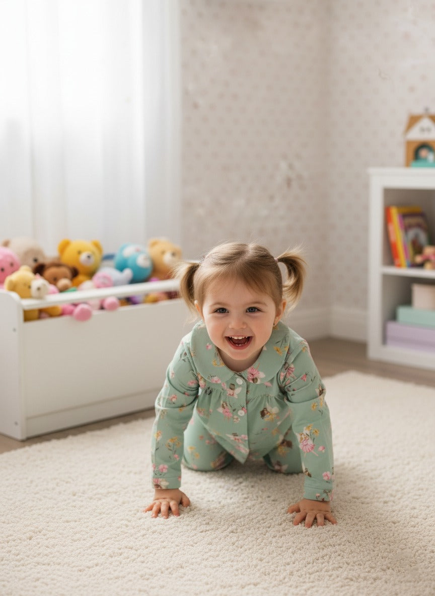 بيجامة أطفال بلون أخضر فاتح مزينة بنقوش زهور جميلةShein