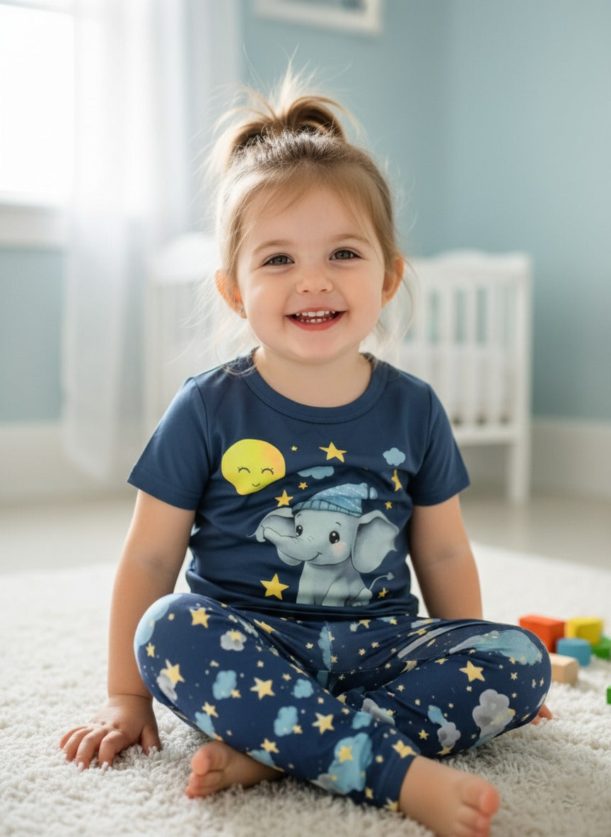 بيجامة أطفال بلون كحلي مزينة برسومات نجوم وفيل لطيف Shein