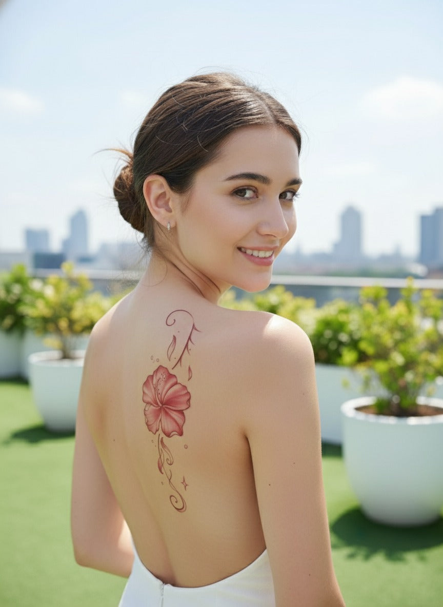 ستيكر تاتو مؤقت بنقشة زهرة حمراء بأسلوب آسيوي – مقاوم للماء والعرق