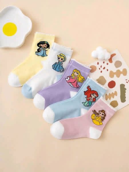 طقم 5 أزواج جوارب أطفال برسوم أميرات ديزني بألوان ناعمة