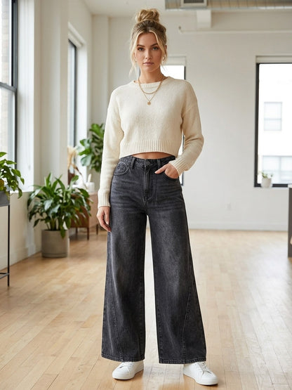 جينز نسائي SHEIN PETITE بقصة مستقيمة وجيوب عملية – كاجوال وعصري