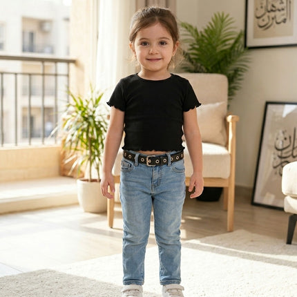 تيشيرت أسود أساسي للبنات من Elladie Kids برقبة دائرية وأكمام قصيرة