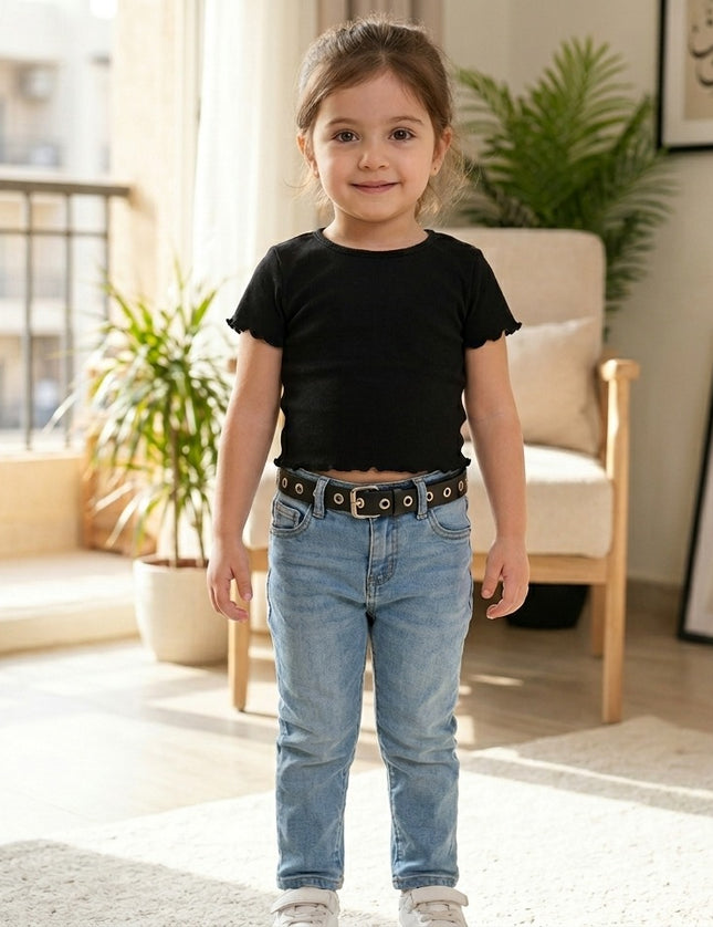 تيشيرت أسود أساسي للبنات من Elladie Kids برقبة دائرية وأكمام قصيرة