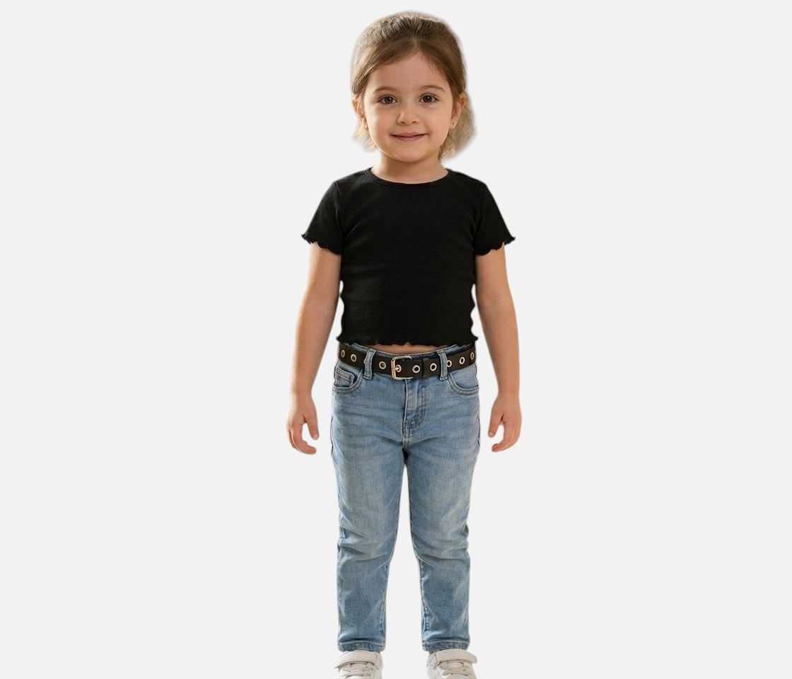 تيشيرت أسود أساسي للبنات من Elladie Kids برقبة دائرية وأكمام قصيرة