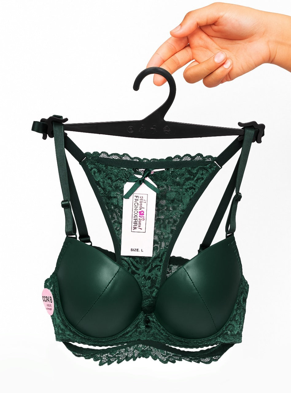 Sexy women's lingerie set, made of faux leather and lace, decorated with zipper