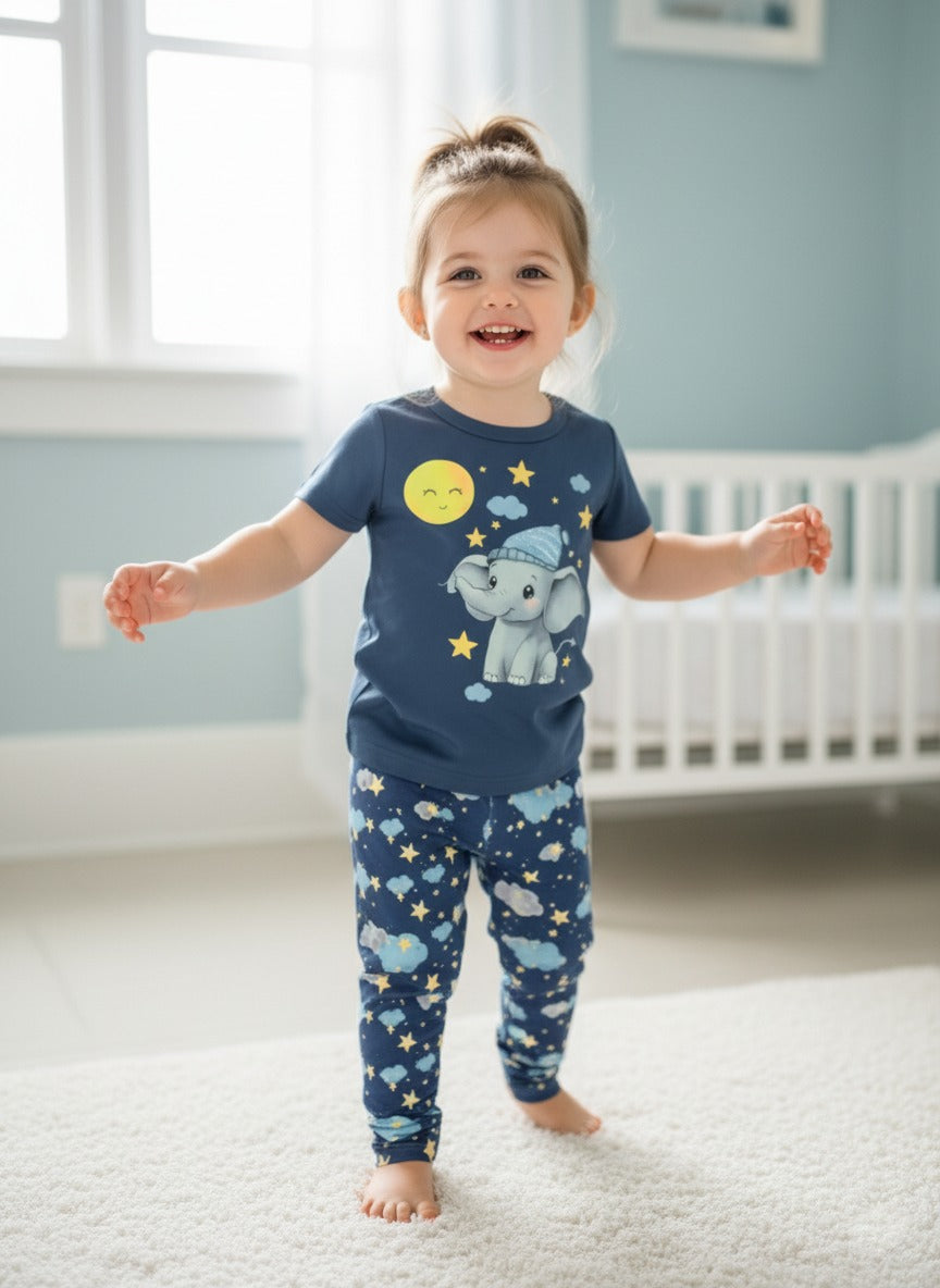 بيجامة أطفال بلون كحلي مزينة برسومات نجوم وفيل لطيف Shein