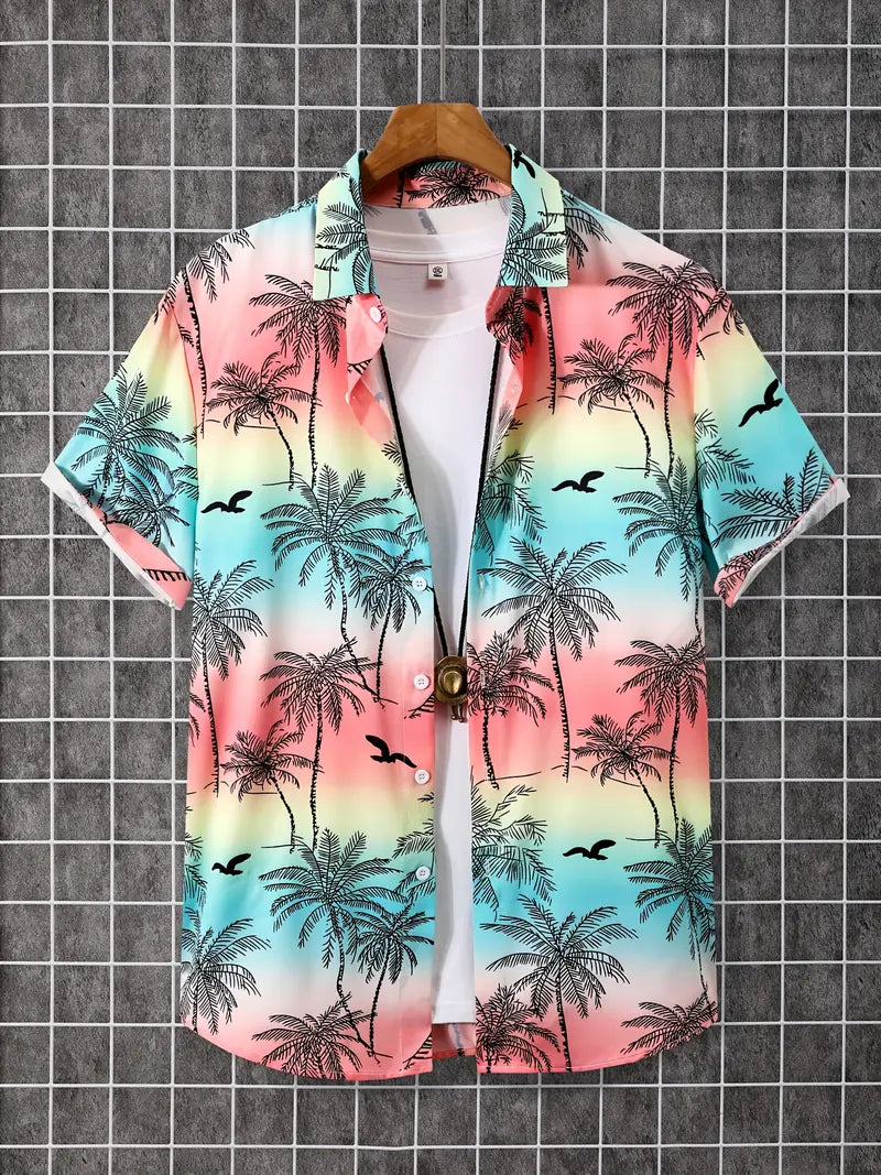 قميص رجالي بأكمام قصيرة بأسلوب هاواي الزاهي مع طباعة نخيل استوائي ونورس