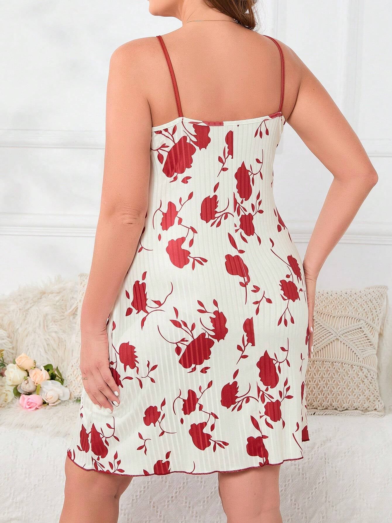 قميص نوم نسائي مطبوع عليه زهور بأشرطة رفيعة، Shein