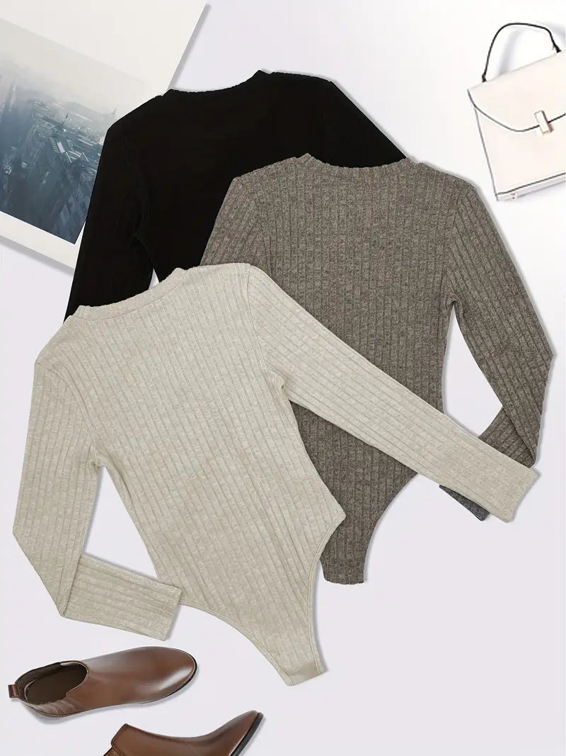 3قطع بادي سوت ضيق بحياكة مضلعة من Shein