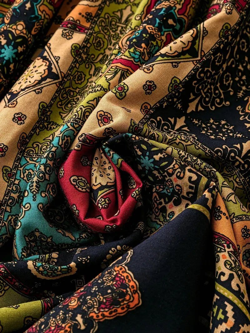 فستان بوهيمي بقصة على شكل حرف V، مقاس كبير للنساء بأكمام قصيرة، تصميم هندسي، قماش رايون 100%