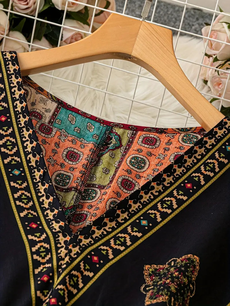 فستان بوهيمي بقصة على شكل حرف V، مقاس كبير للنساء بأكمام قصيرة، تصميم هندسي، قماش رايون 100%