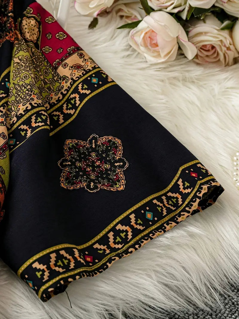 فستان بوهيمي بقصة على شكل حرف V، مقاس كبير للنساء بأكمام قصيرة، تصميم هندسي، قماش رايون 100%