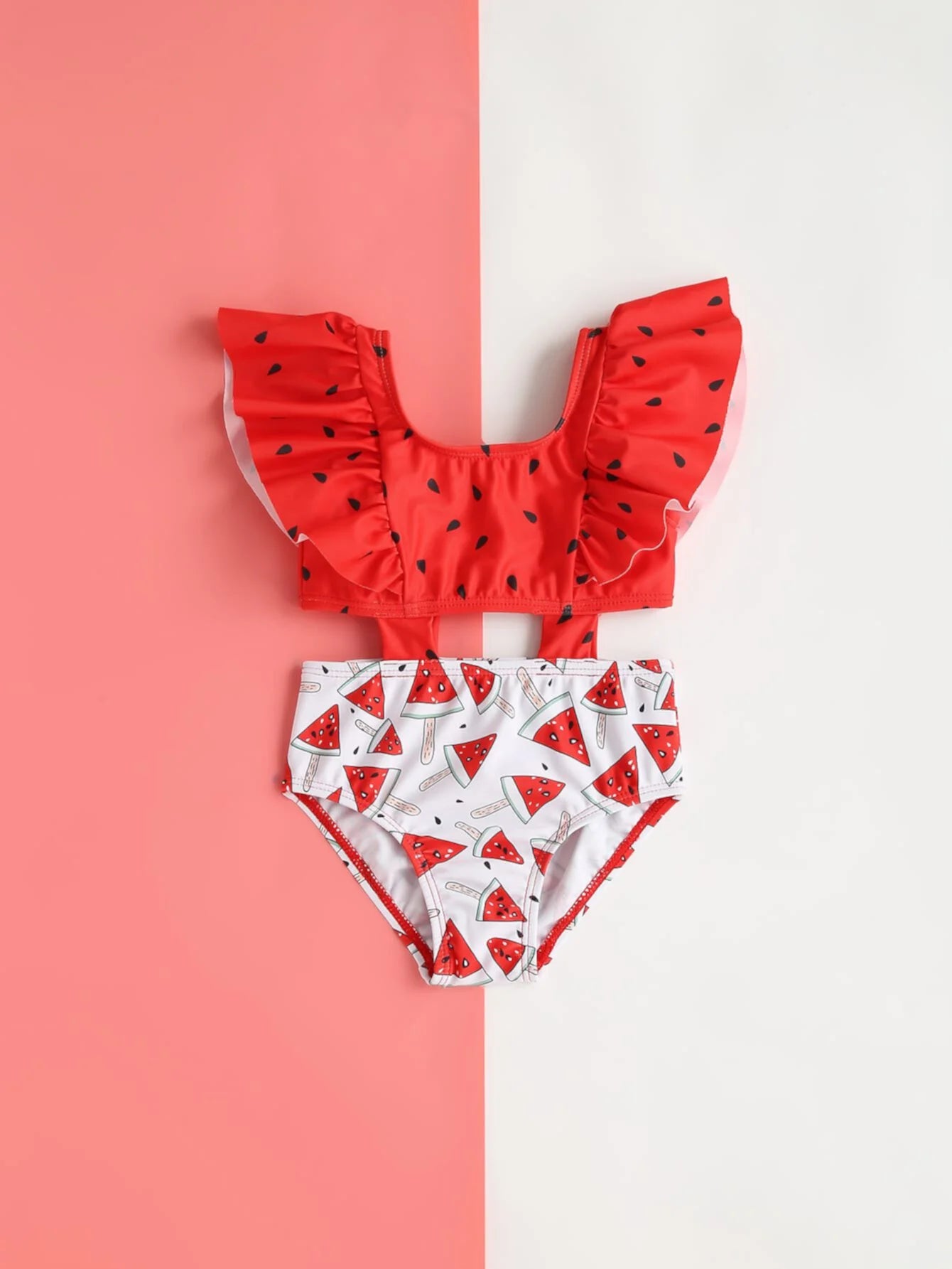 ملابس سباحة SHEIN للفتيات الصغيرات من قطعة واحدة مجوفة بألوان متباينة ومزينة بكشكشة