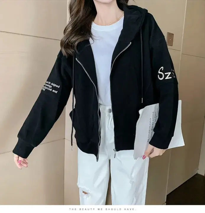 هودي سويت شيرت أسود بسحّاب من Shein