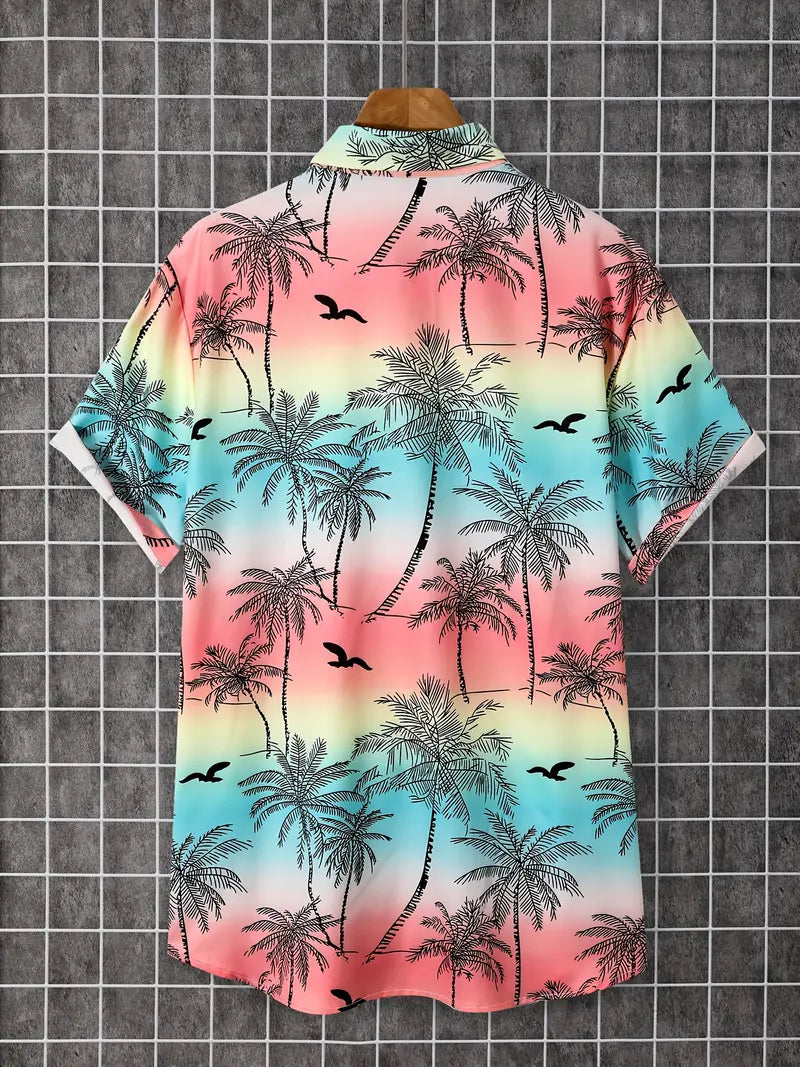قميص رجالي بأكمام قصيرة بأسلوب هاواي الزاهي مع طباعة نخيل استوائي ونورس