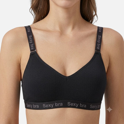حمالة صدر Shopyneer سوداء مضلعة بدون سلك مع أشرطة مطبوعة بعبارة Sexy bra لراحة يومية
