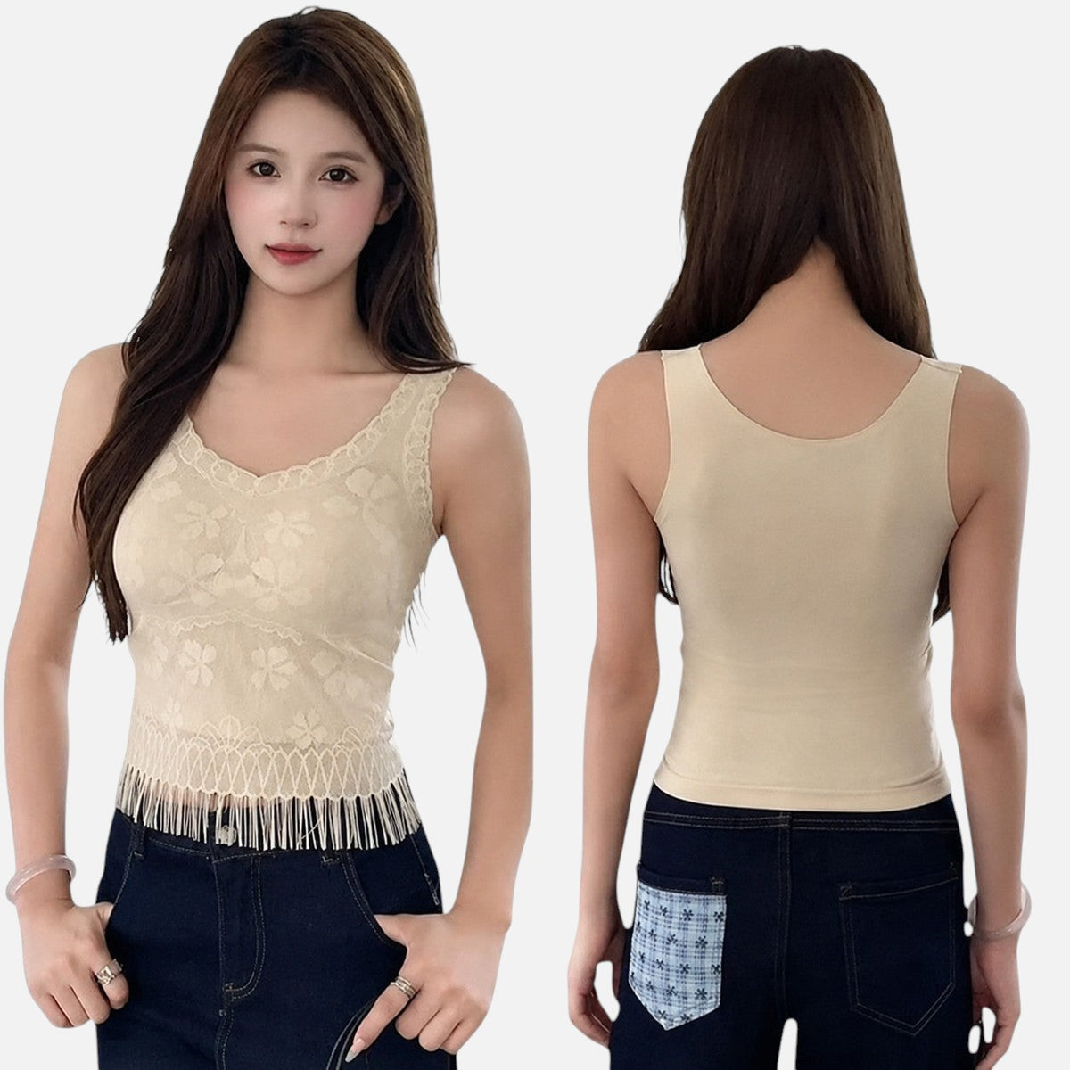 توب Shopyneer بيج بدون خياطة مزين بالدانتيل مع حواف شراشيب يرتديه عارضة أزياء من الأمام والخلف