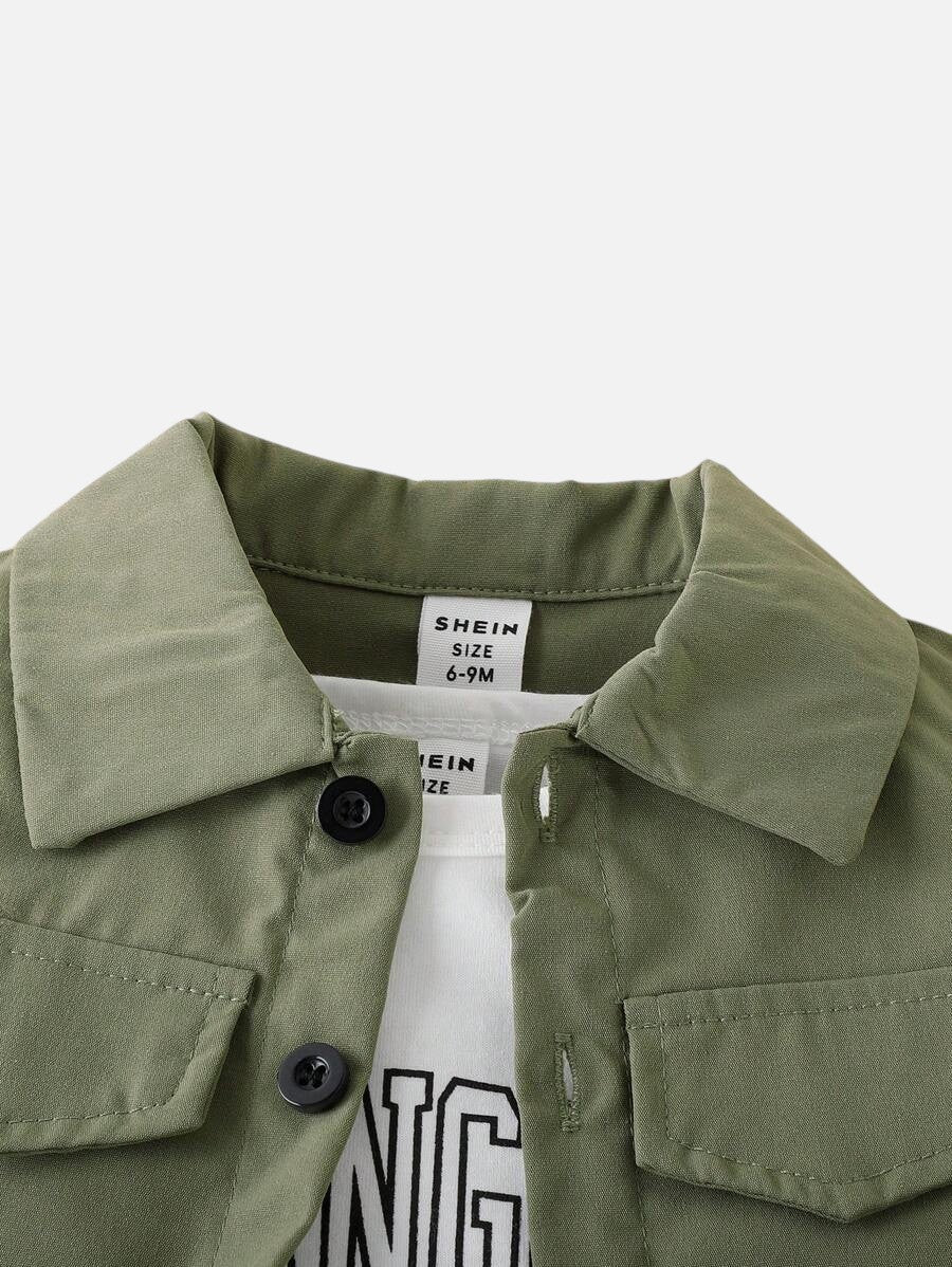 طقم أطفال كاجوال من Shopyneer يتضمن فيست أخضر بياقة وأزرار فوق تيشيرت أبيض بتصميم عصري ومريح